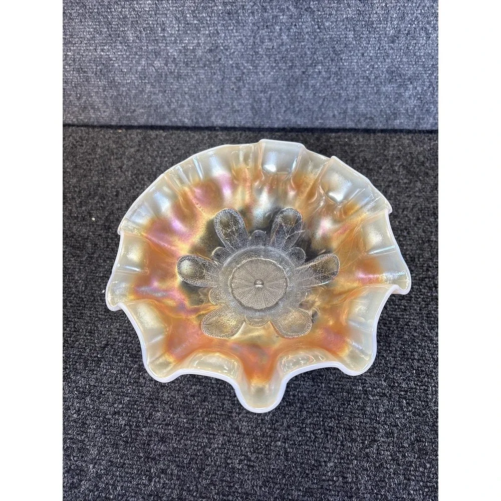 Vtg~Carnival Glass~Dugan Clear Glass Peach Opalescent Bowl w Leaf Pedestal